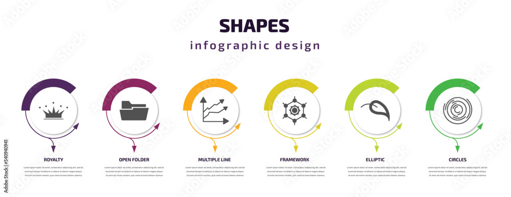 Fototapeta premium shapes infographic template with icons and 6 step or option. shapes icons such as royalty, open folder, multiple line, framework, elliptic, circles vector. can be used for banner, info graph, web,