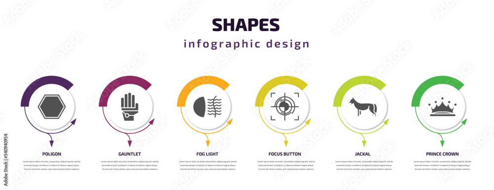 shapes infographic template with icons and 6 step or option. shapes icons such as poligon, gauntlet, fog light, focus button, jackal, prince crown vector. can be used for banner, info graph, web,