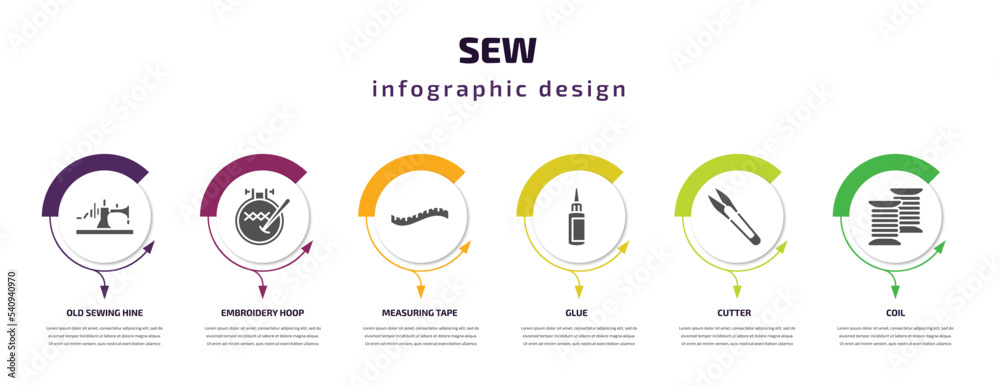 Fototapeta premium sew infographic template with icons and 6 step or option. sew icons such as old sewing hine, embroidery hoop, measuring tape, glue, cutter, coil vector. can be used for banner, info graph, web,