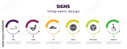 signs infographic template with icons and 6 step or option. signs icons such as turn, phary, cap, traffic, toxic waste, disability vector. can be used for banner, info graph, web, presentations.
