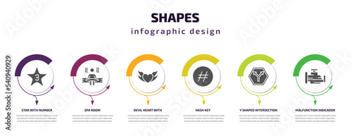 shapes infographic template with icons and 6 step or option. shapes icons such as star with number three, spa room, devil heart with wings, hash key, y shaped intersection, malfunction indicador