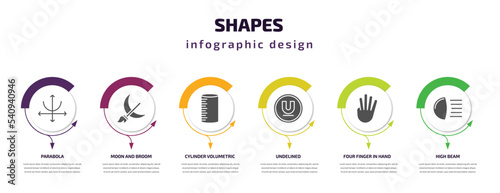 shapes infographic template with icons and 6 step or option. shapes icons such as parabola, moon and broom, cylinder volumetric, undelined, four finger in hand, high beam vector. can be used for