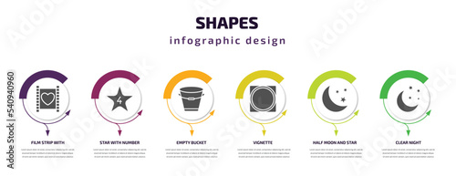 shapes infographic template with icons and 6 step or option. shapes icons such as film strip with heart, star with number four, empty bucket, vignette, half moon and star, clear night vector. can be