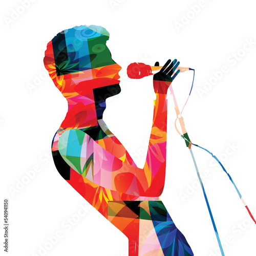 Band vocalist silhouette singing to microphone. Male singer in intense colors isolated. Vector illustration for live performances and concert events. Music festivals, karaoke and talent shows poster