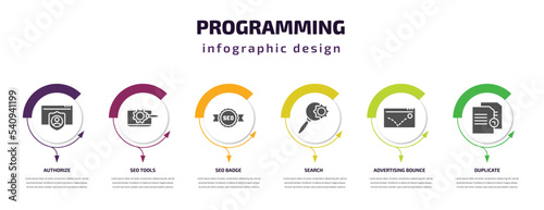 programming infographic template with icons and 6 step or option. programming icons such as authorize, seo tools, seo badge, search, advertising bounce, duplicate vector. can be used for banner,