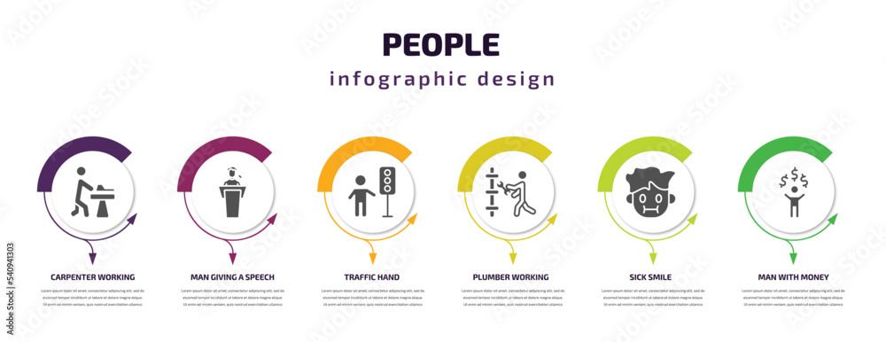 people infographic template with icons and 6 step or option. people icons such as carpenter working, man giving a speech, traffic hand, plumber working, sick smile, man with money vector. can be