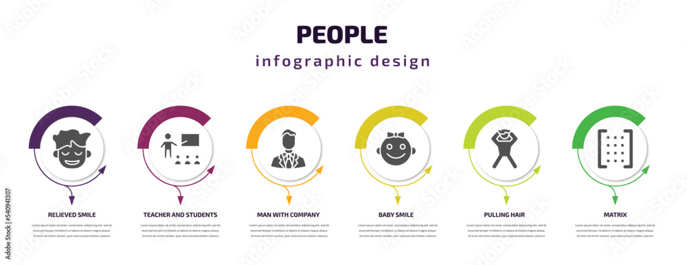 people infographic template with icons and 6 step or option. people icons such as relieved smile, teacher and students, man with company, baby smile, pulling hair, matrix vector. can be used for