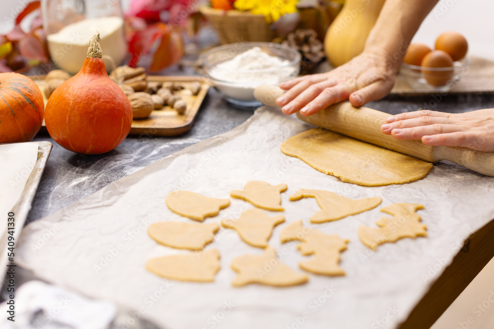 A woman rolls out dough for Halloween cookies with a wooden rolling pin. Halloween cookies are cut out of dough on the table, next to them are pumpkins, nuts and flour. A woman rolls out dough for Halloween cookies with a wooden rolling pin. Halloween cookies are cut out of dough on the table, next to them are pumpkins, nuts and flour.