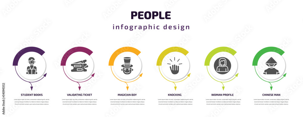 people infographic template with icons and 6 step or option. people icons such as student books, validating ticket, magician boy, knocking, woman profile, chinese man vector. can be used for banner,