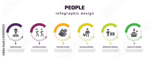 people infographic template with icons and 6 step or option. people icons such as graduating boy, children in school, partners claping hands, salesman working, radiologist working, judge with hammer