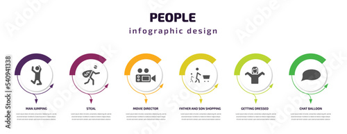 people infographic template with icons and 6 step or option. people icons such as man jumping, steal, movie director, father and son shopping, getting dressed, chat balloon vector. can be used for