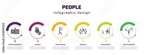 people infographic template with icons and 6 step or option. people icons such as identification pass, goodbye, man attacking, occupant, hide and seek, man celebrating vector. can be used for