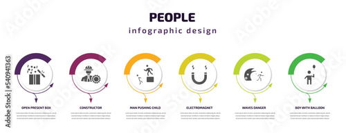 people infographic template with icons and 6 step or option. people icons such as open present box, constructor, man pushing child, electromagnet, waves danger, boy with balloon vector. can be used