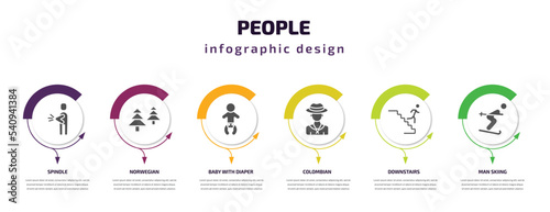 people infographic template with icons and 6 step or option. people icons such as spindle, norwegian, baby with diaper, colombian, downstairs, man skiing vector. can be used for banner, info graph,