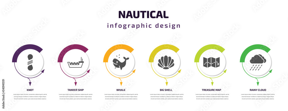 nautical infographic template with icons and 6 step or option. nautical icons such as knot, tanker ship, whale, big shell, treasure map, rainy cloud vector. can be used for banner, info graph, web,
