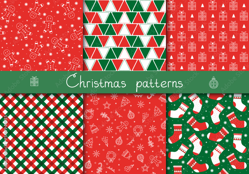 Set of cute seamless Winter Time patterns with traditional ornaments Set of cute seamless Winter Time patterns with traditional ornaments