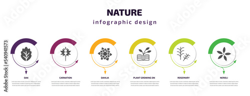 nature infographic template with icons and 6 step or option. nature icons such as oak, carnation, dahlia, plant growing on book, rosemary, neroli vector. can be used for banner, info graph, web, photo