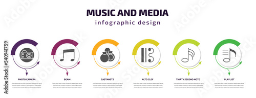 music and media infographic template with icons and 6 step or option. music and media icons such as photo camera, beam, castanets, alto clef, thirty second note, playlist vector. can be used for