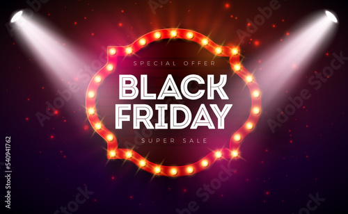 Black Friday Sale Illustration with Glowing Light Bulb Billboard on Dark Background. Vector New Year and Christmas Design Template for Greeting Card, Flyer, Banner, Celebration Poster or Party
