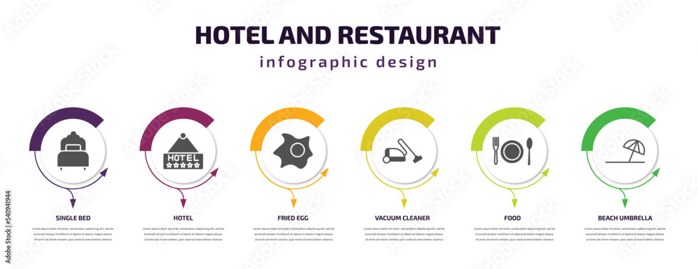 hotel and restaurant infographic template with icons and 6 step or option. hotel and restaurant icons such as single bed, hotel, fried egg, vacuum cleaner, food, beach umbrella vector. can be used