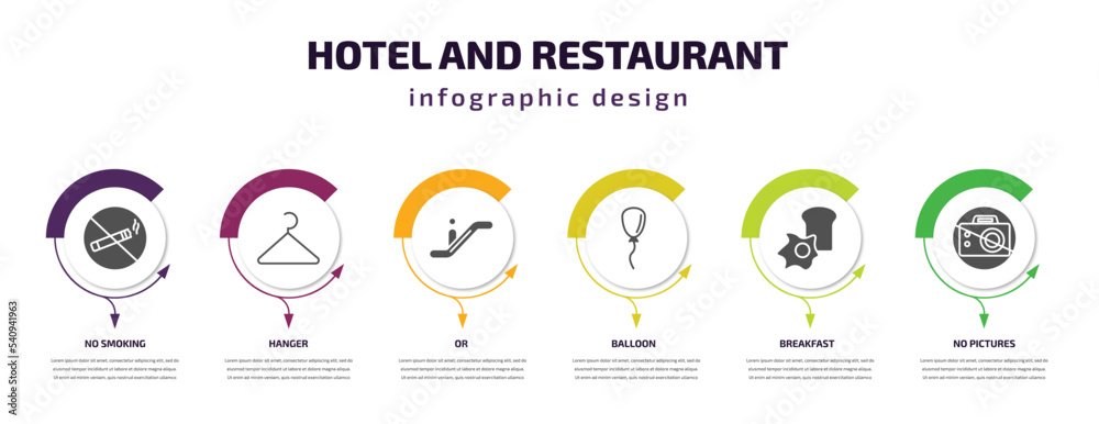 hotel and restaurant infographic template with icons and 6 step or option. hotel and restaurant icons such as no smoking, hanger, or, balloon, breakfast, no pictures vector. can be used for banner,