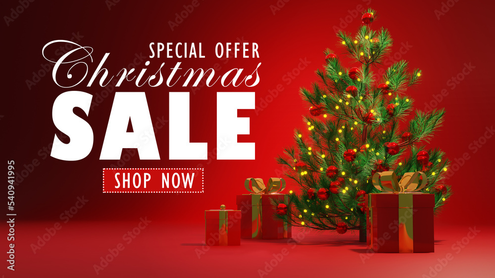 Fototapeta premium merry christmas shopping sale, .red background with realistic gifts box christmas tree, 3d render,.horizontal christmas header for website