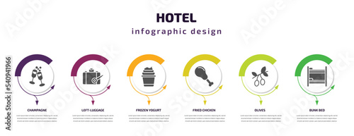 hotel infographic template with icons and 6 step or option. hotel icons such as champagne, left-luggage, frozen yogurt, fried chicken, olives, bunk bed vector. can be used for banner, info graph,
