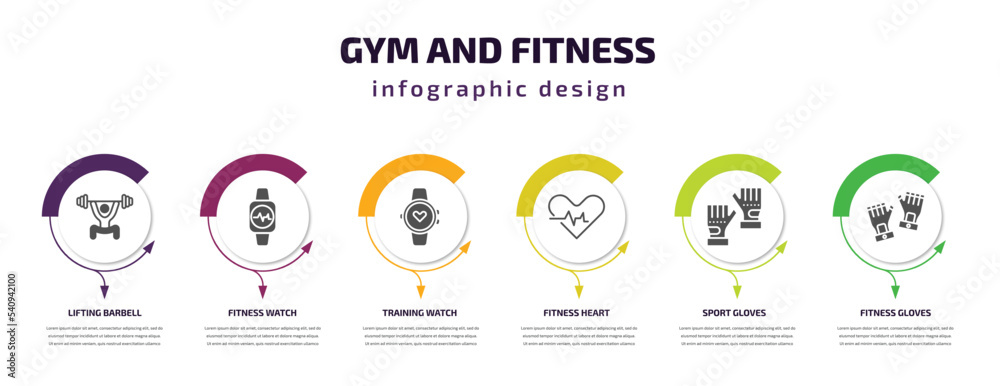 gym and fitness infographic template with icons and 6 step or option. gym and fitness icons such as lifting barbell, fitness watch, training watch, heart, sport gloves, gloves vector. can be used gym and fitness infographic template with icons and 6 step or option. gym and fitness icons such as lifting barbell, fitness watch, training watch, heart, sport gloves, gloves vector. can be used