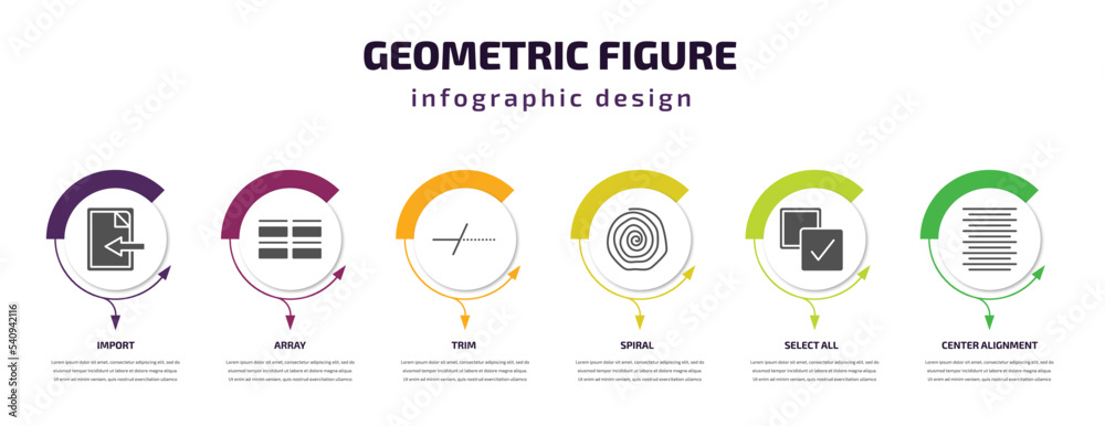 Fototapeta premium geometric figure infographic template with icons and 6 step or option. geometric figure icons such as import, array, trim, spiral, select all, center alignment vector. can be used for banner, info