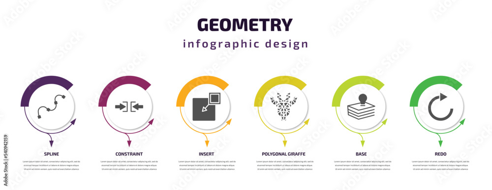 geometry infographic template with icons and 6 step or option. geometry icons such as spline, constraint, insert, polygonal giraffe, base, redo vector. can be used for banner, info graph, web,