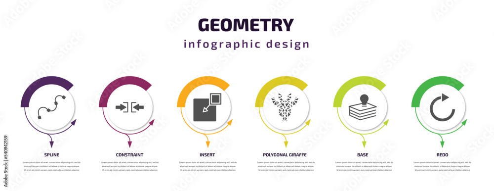 geometry infographic template with icons and 6 step or option. geometry icons such as spline, constraint, insert, polygonal giraffe, base, redo vector. can be used for banner, info graph, web, geometry infographic template with icons and 6 step or option. geometry icons such as spline, constraint, insert, polygonal giraffe, base, redo vector. can be used for banner, info graph, web,