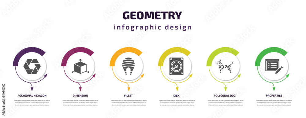 geometry infographic template with icons and 6 step or option. geometry icons such as polygonal hexagon, dimension, fillet, disk, polygonal dog, properties vector. can be used for banner, info geometry infographic template with icons and 6 step or option. geometry icons such as polygonal hexagon, dimension, fillet, disk, polygonal dog, properties vector. can be used for banner, info