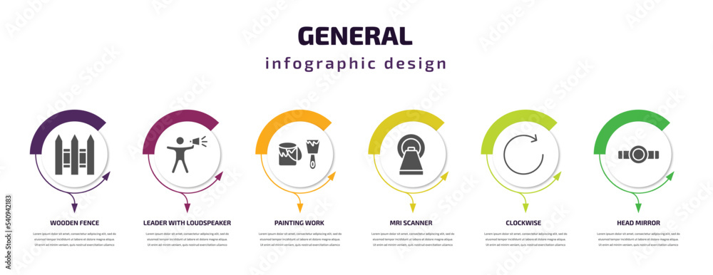 general infographic template with icons and 6 step or option. general icons such as wooden fence, leader with loudspeaker, painting work, mri scanner, clockwise, head mirror vector. can be used for