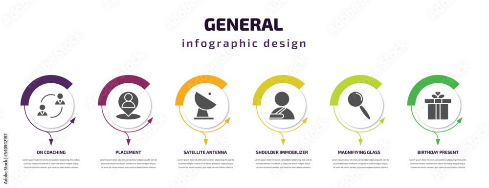 general infographic template with icons and 6 step or option. general icons such as on coaching, placement, satellite antenna, shoulder immobilizer, magnifiying glass, birthday present vector. can