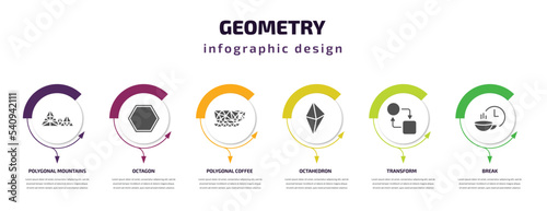 geometry infographic template with icons and 6 step or option. geometry icons such as polygonal mountains, octagon, polygonal coffee cup, octahedron, transform, break vector. can be used for banner,