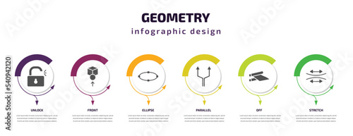 geometry infographic template with icons and 6 step or option. geometry icons such as unlock, front, ellipse, parallel, off, stretch vector. can be used for banner, info graph, web, presentations.