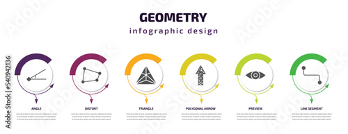 geometry infographic template with icons and 6 step or option. geometry icons such as angle, distort, triangle, polygonal arrow up, preview, line segment vector. can be used for banner, info graph,