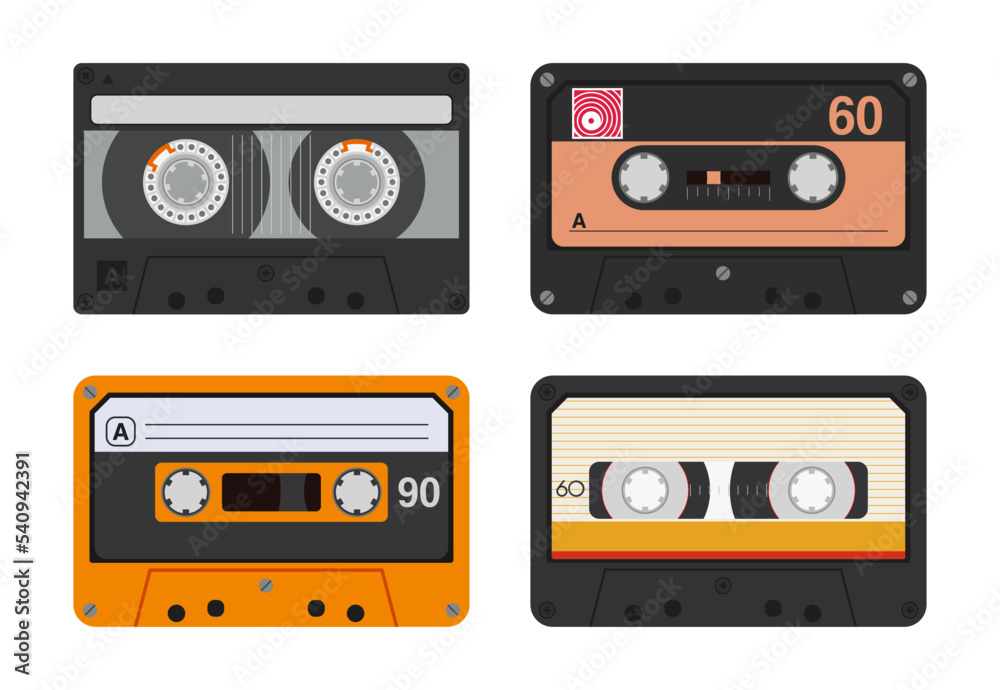 Set of retro audio cassettes. Vector cassettes, isolated on white background. Collection of four plastic audio tapes. Various colorful music tapes. Cassette tape vector color illustration.
