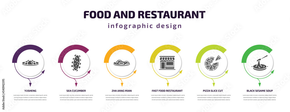 food and restaurant infographic template with icons and 6 step or option. food and restaurant icons such as yusheng, sea cucumber, zha jiang mian, fast food restaurant, pizza slice cut, black sesame