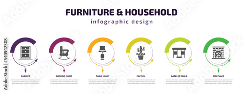 furniture & household infographic template with icons and 6 step or option. furniture & household icons such as cabinet, rocking chair, table lamp, cactus, gateleg table, fireplace vector. can be
