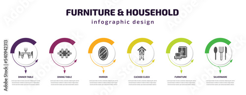 furniture & household infographic template with icons and 6 step or option. furniture & household icons such as dinner table, dining table, mirror, cuckoo clock, furniture, silverware vector. can be