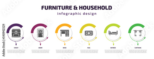 furniture & household infographic template with icons and 6 step or option. furniture & household icons such as chest, door, desk, rug, daybed, curtains vector. can be used for banner, info graph,