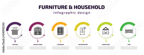 furniture & household infographic template with icons and 6 step or option. furniture & household icons such as heating, double door, cupboard, refrigerator, canopy bed, crib vector. can be used for