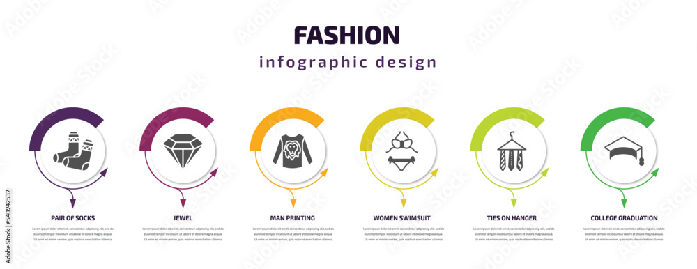 fashion infographic template with icons and 6 step or option. fashion icons such as pair of socks, jewel, man printing, women swimsuit, ties on hanger, college graduation cap vector. can be used for