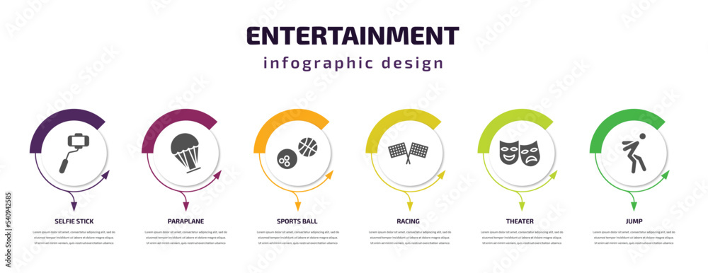 entertainment infographic template with icons and 6 step or option. entertainment icons such as selfie stick, paraplane, sports ball, racing, theater, jump vector. can be used for banner, info