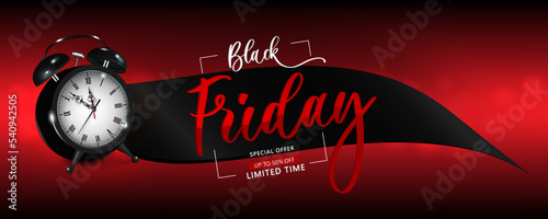Black Friday in red on a black ribbon with an alarm clock. Holiday sale illustration, discounts. Vintage design for purchase.