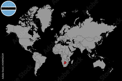 Pin map with Botswana flag on world map. Vector illustration.