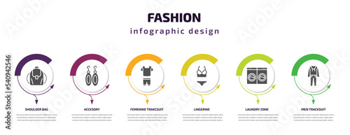 fashion infographic template with icons and 6 step or option. fashion icons such as shoulder bag, accesory, femenine trakcsuit, lingerine, laundry zone, men tracksuit vector. can be used for banner, photo