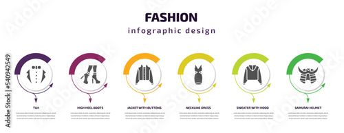 fashion infographic template with icons and 6 step or option. fashion icons such as tux, high heel boots, jacket with buttons, neckline dress, sweater with hood, samurai helmet vector. can be used