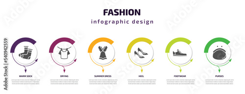 fashion infographic template with icons and 6 step or option. fashion icons such as warm sock, drying, summer dress, heel, footwear, purses vector. can be used for banner, info graph, web,